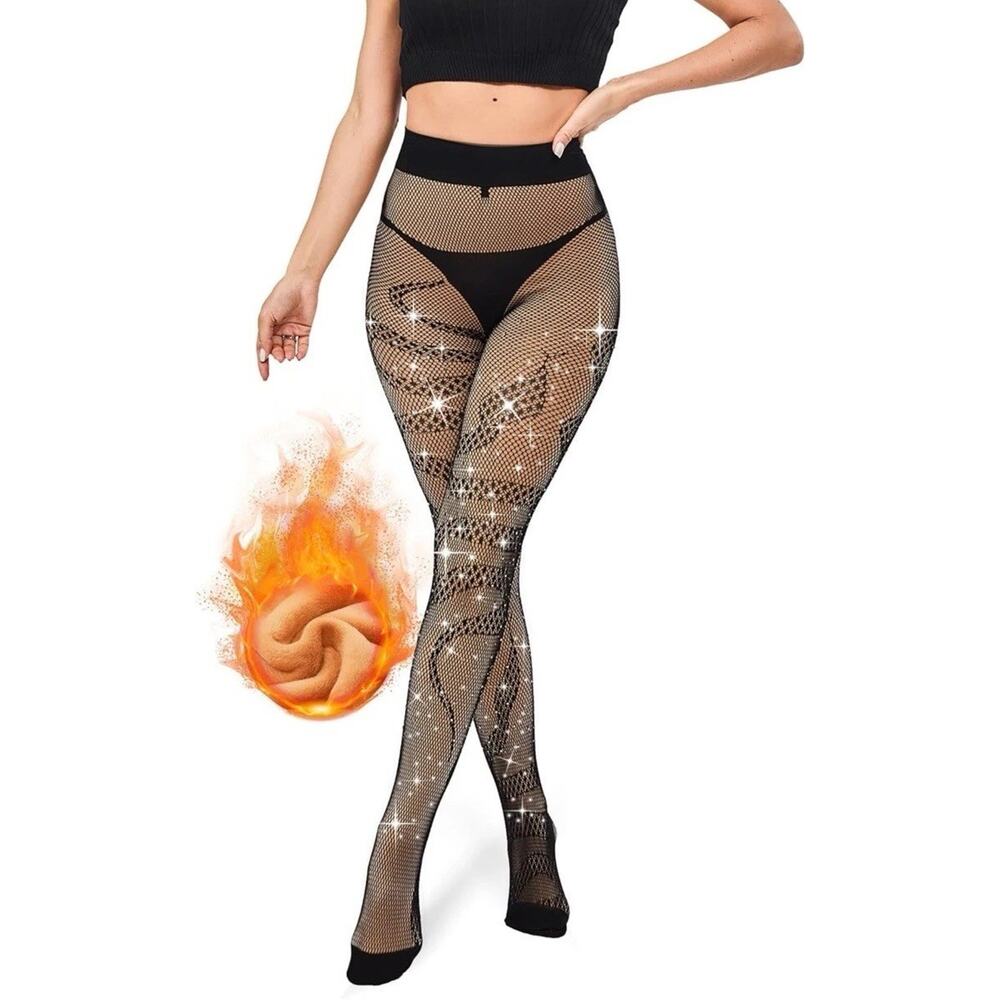 Sexy Fake Translucent Tights Stockings‎ Fleece Lined Size Large High-Waist Snake
